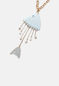 Collana lunga a catena sottile con pendente pesciolino smaltato celeste Oro/azzurro