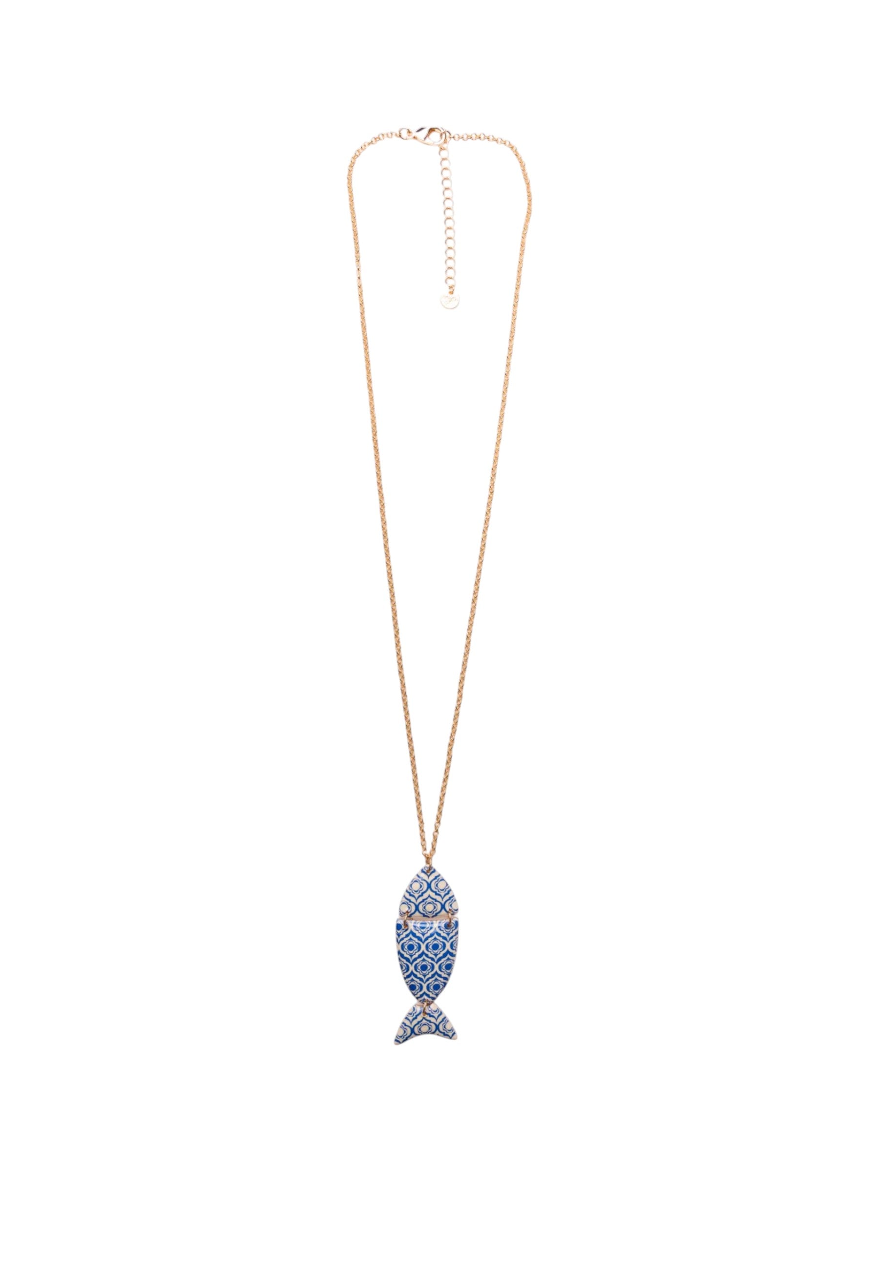 Collana lunga a catena sottile con pendente a pesciolino con texture tono blu Oro/blu