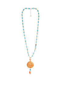 Collana lunga con pietre in acrilico e vetro, pendente mandala arancio Turchese/sabbia
