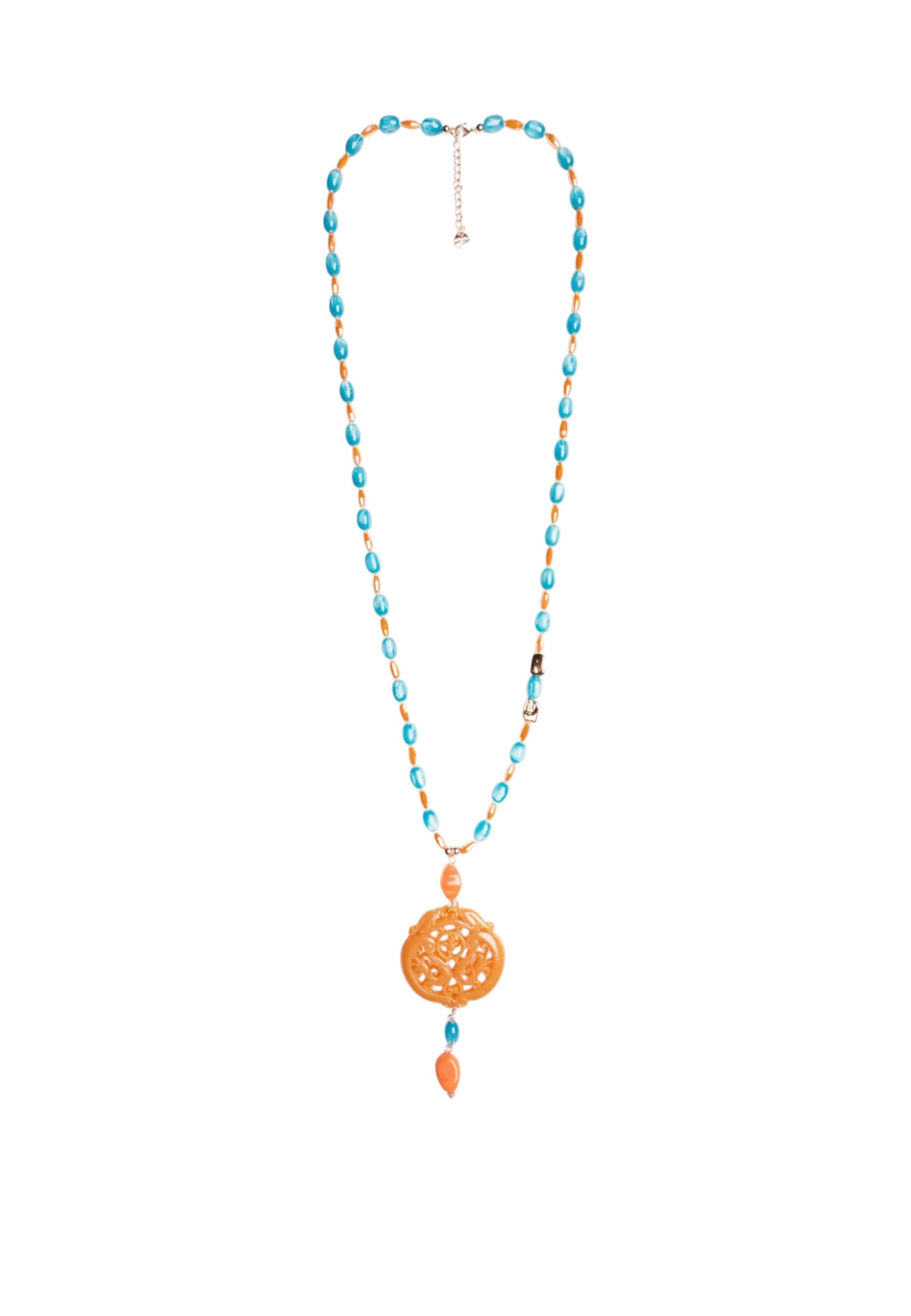 Collana lunga con pietre in acrilico e vetro, pendente mandala arancio Turchese/sabbia