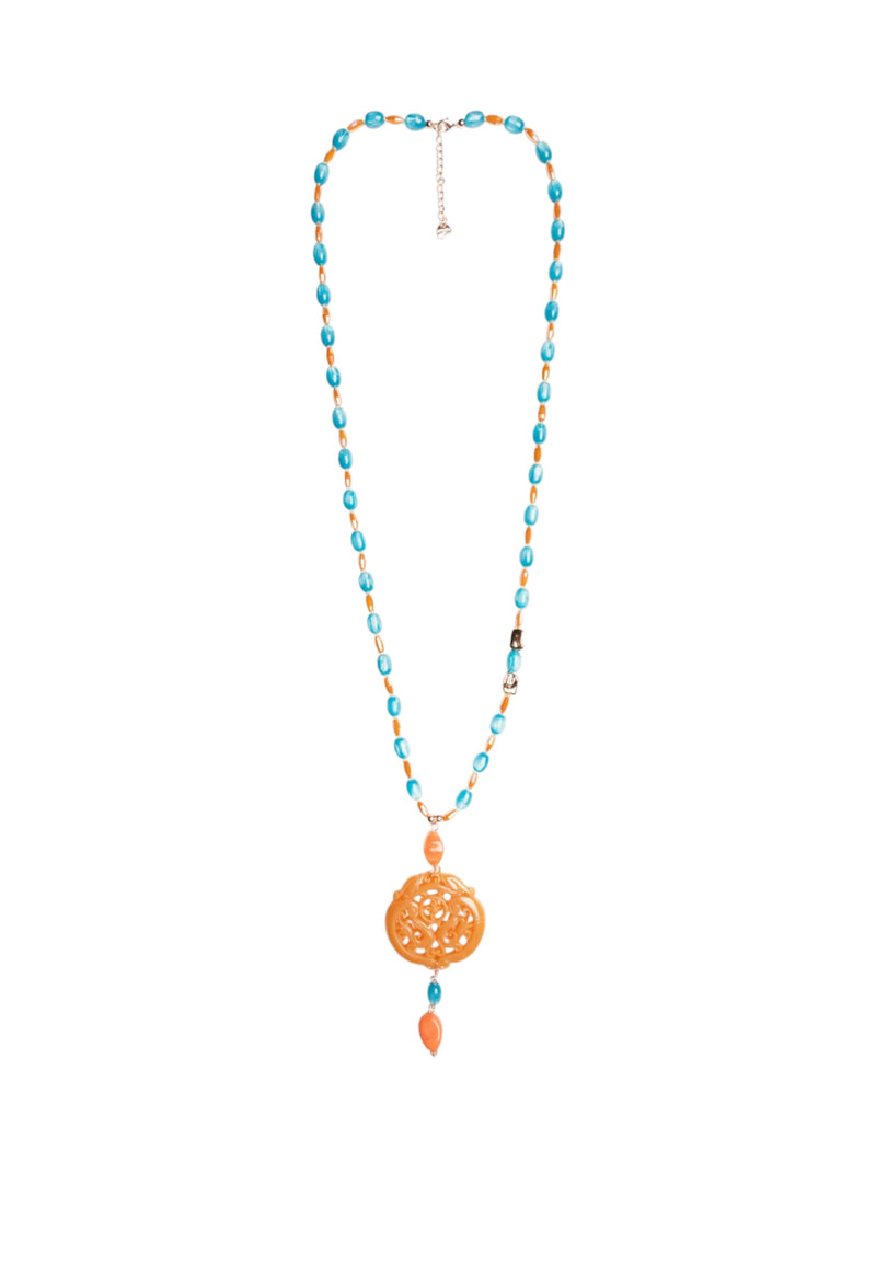 Collana lunga con pietre in acrilico e vetro, pendente mandala arancio Turchese/sabbia
