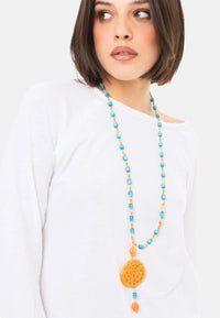 Collana lunga con pietre in acrilico e vetro, pendente mandala arancio Turchese/sabbia