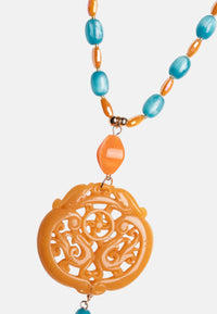 Collana lunga con pietre in acrilico e vetro, pendente mandala arancio Turchese/sabbia