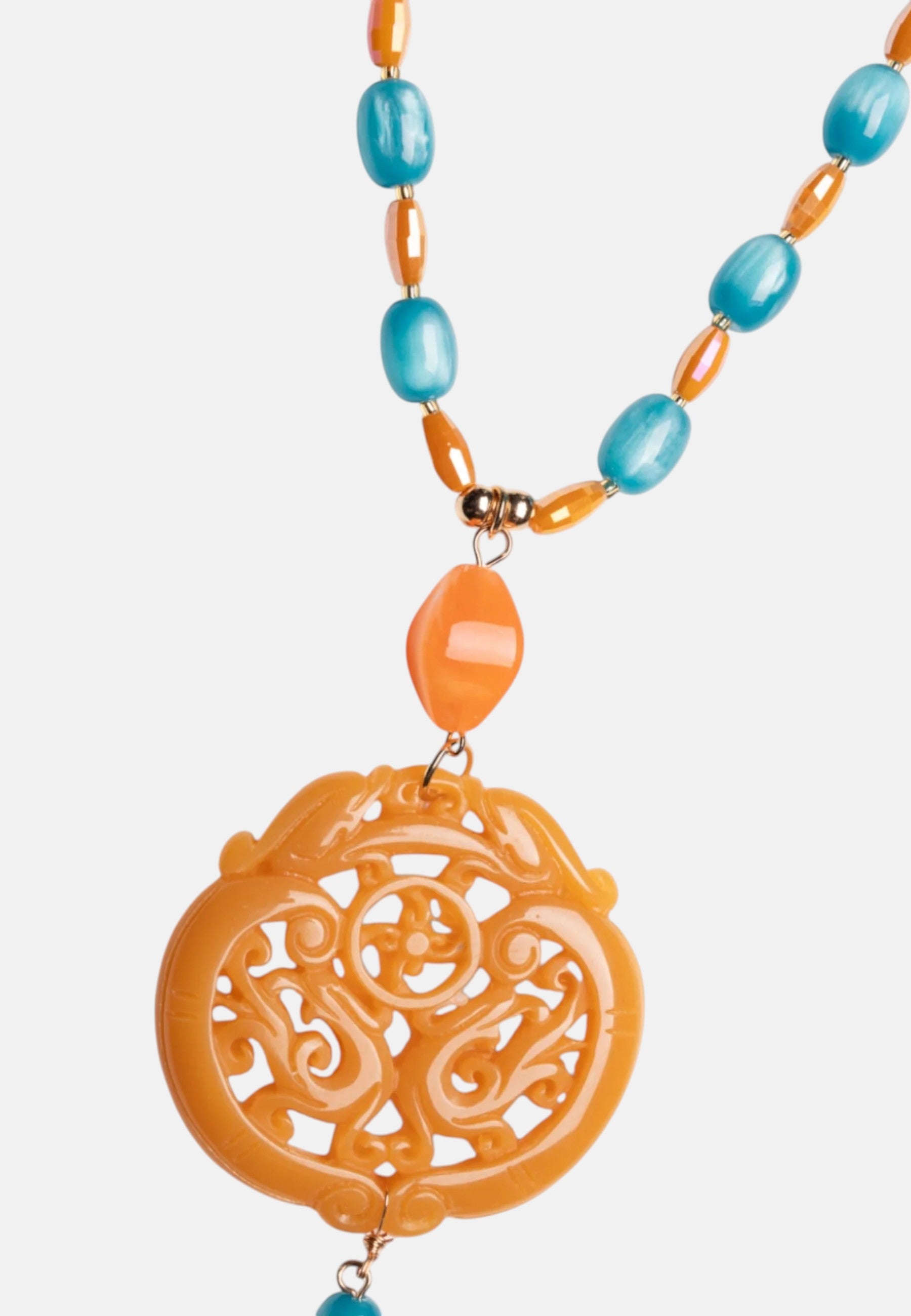 Collana lunga con pietre in acrilico e vetro, pendente mandala arancio Turchese/sabbia