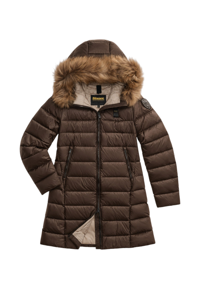 Piumino Lungo con pelliccia Kristin da Donna Blauer Marrone/beige