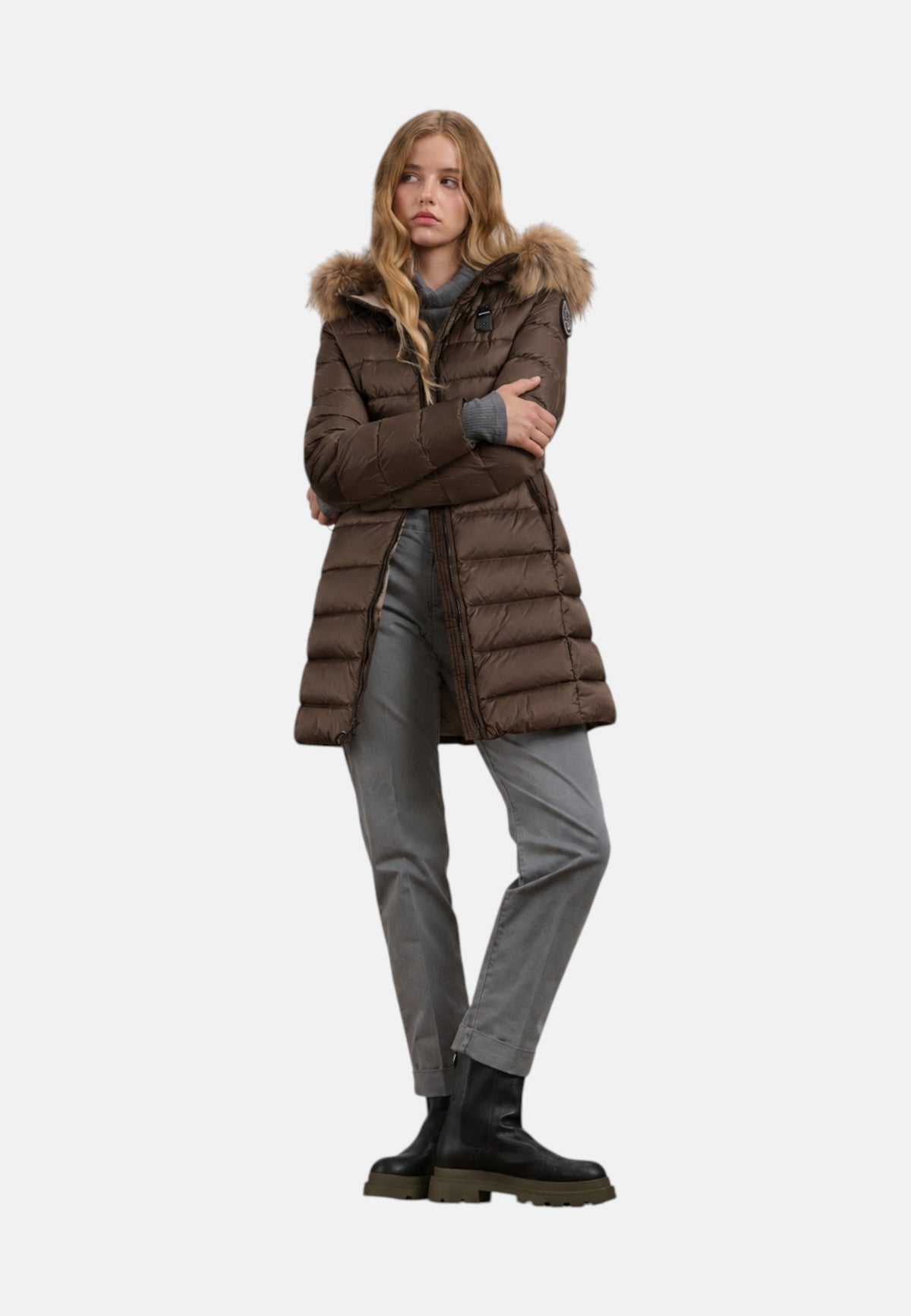 Piumino Lungo con pelliccia Kristin da Donna Blauer Marrone/beige