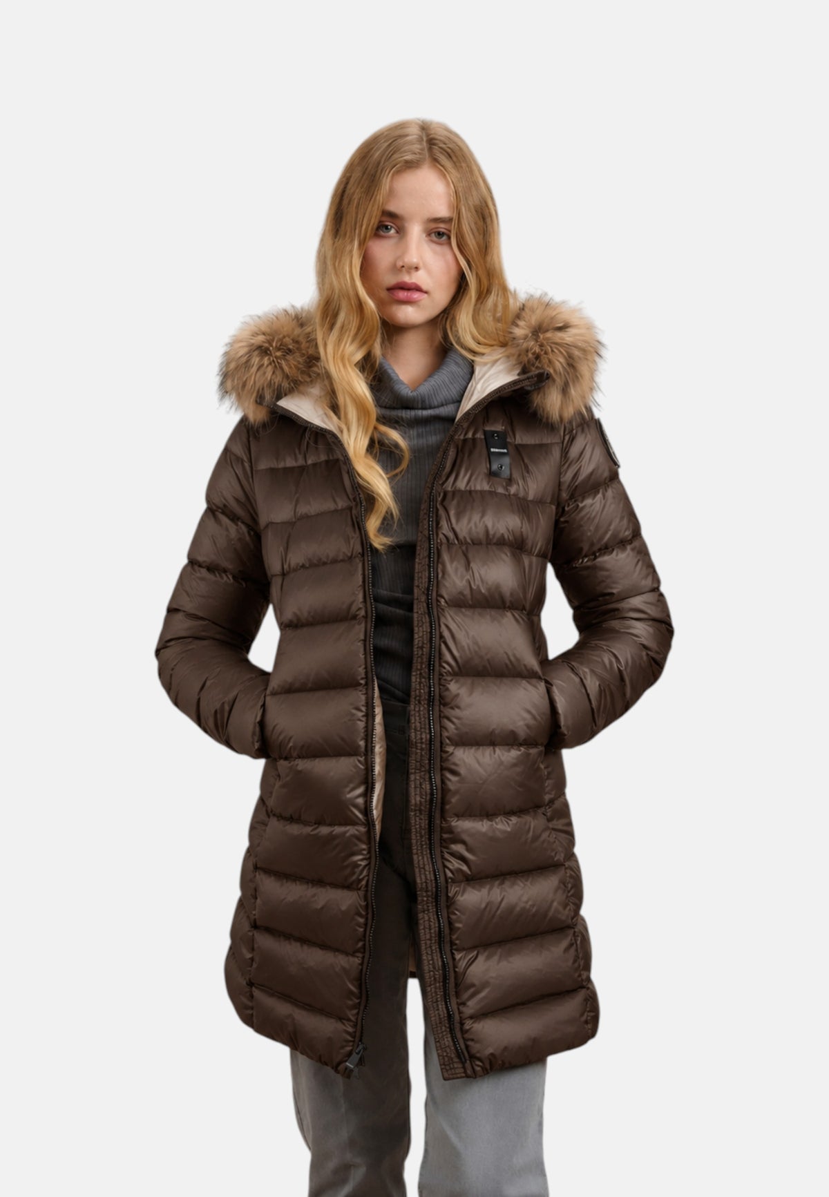 Piumino Lungo con pelliccia Kristin da Donna Blauer Marrone/beige