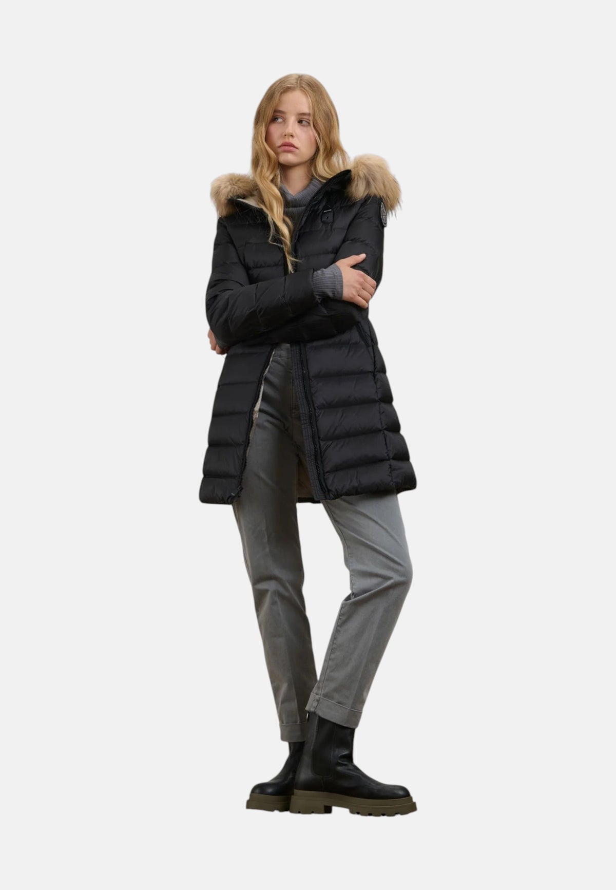 Piumino Lungo con pelliccia Kristin da Donna Blauer Nero/beige