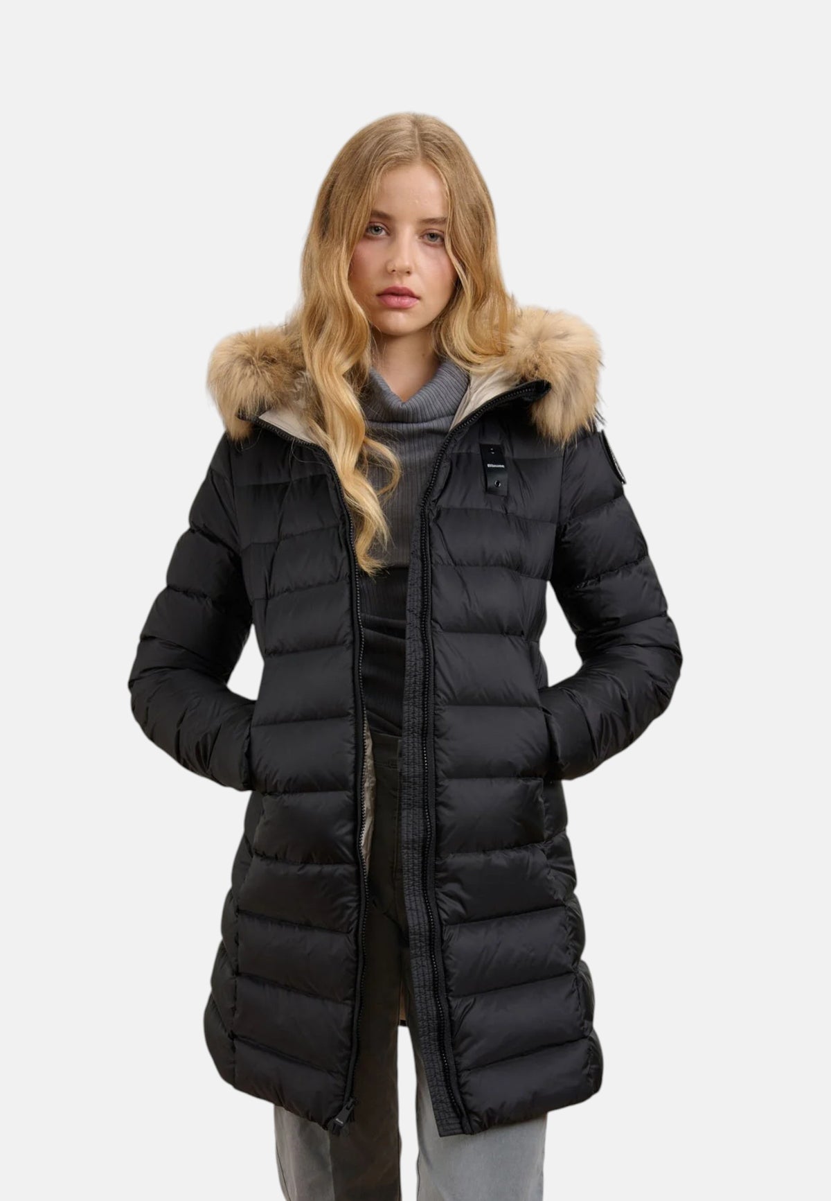 Piumino Lungo con pelliccia Kristin da Donna Blauer Nero/beige