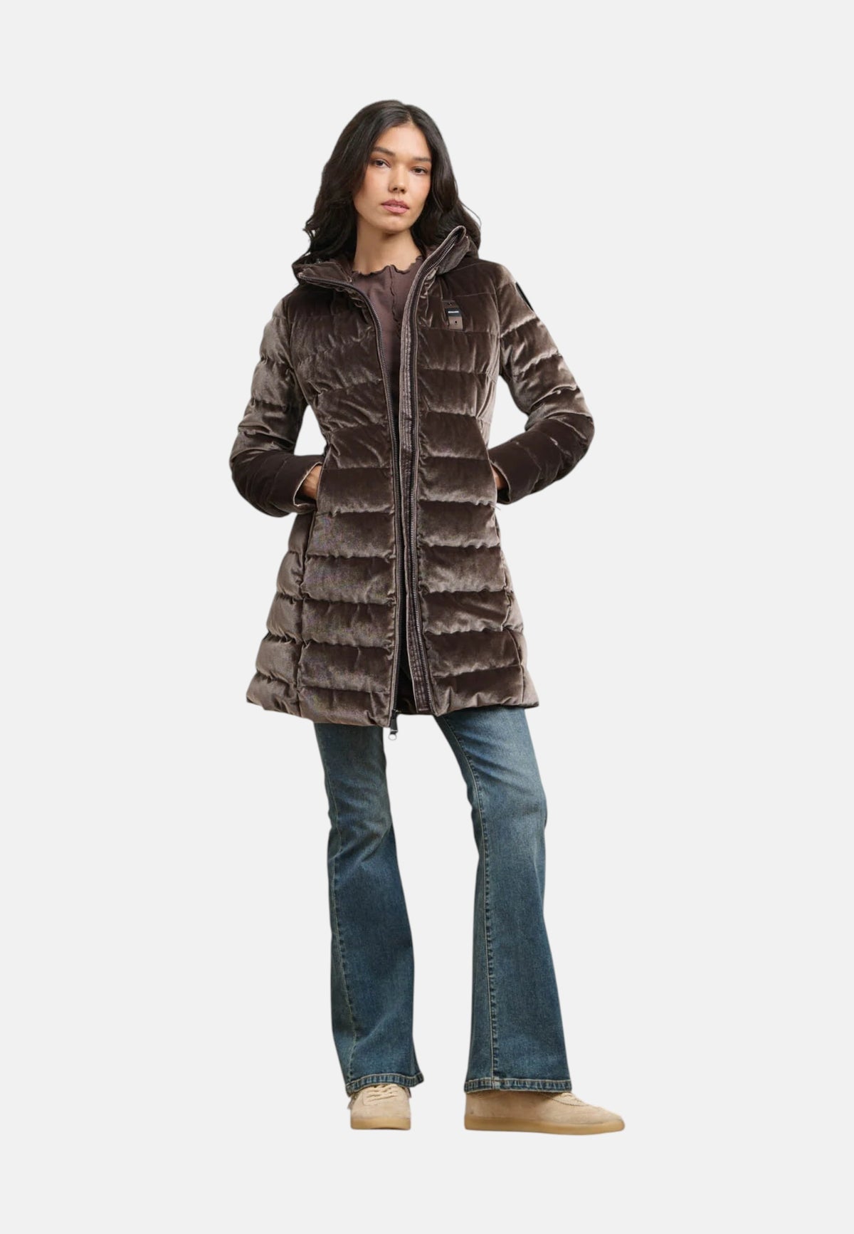 Piumino Lungo in velluto Lucido da Donna Blauer Marrone
