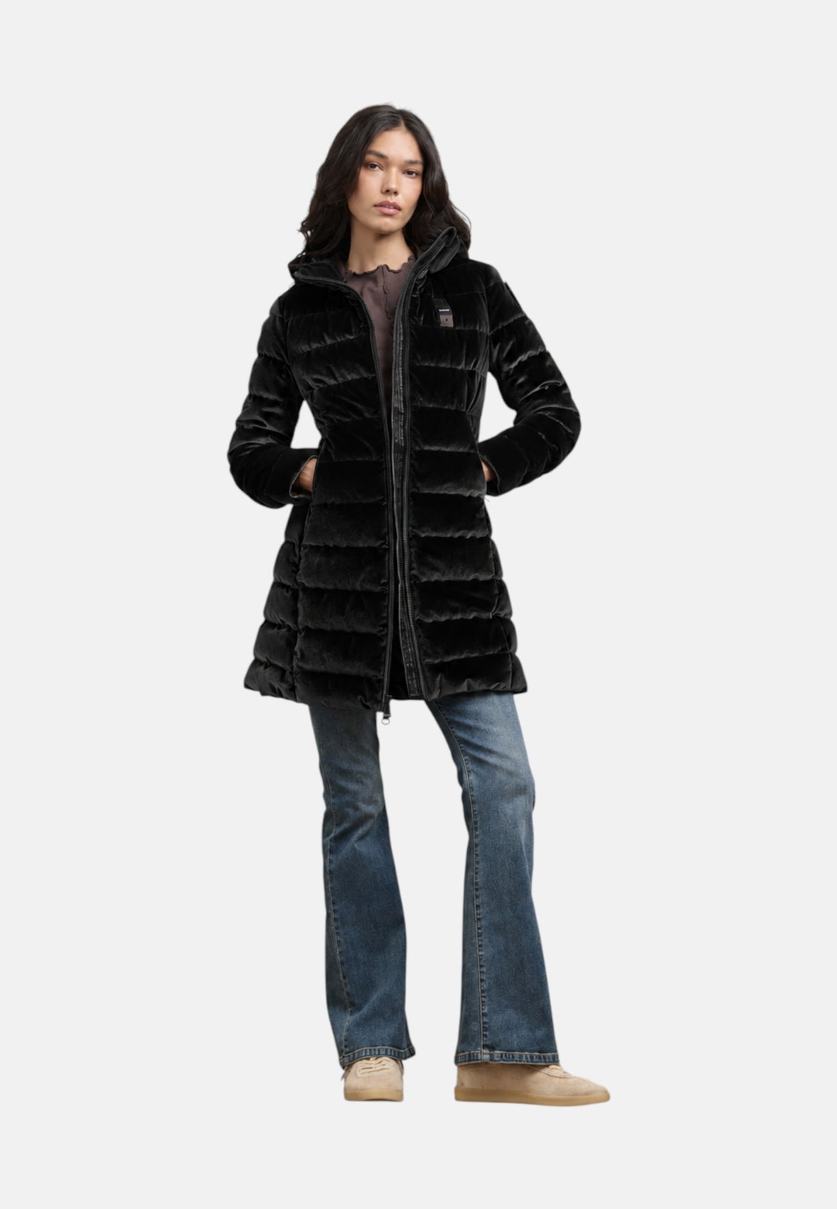Piumino Lungo in velluto Lucido da Donna Blauer Nero