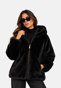 Giacca da donna con cappuccio in pelliccia sintetica V73 Nero
